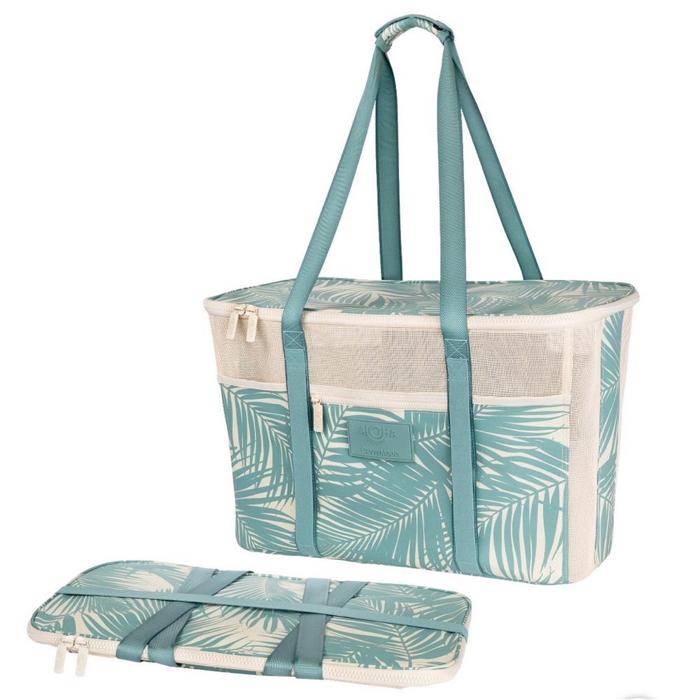 ALOHA Collection Teal and Cream Palm-Print Mesh Beach Tote - Picture 2 of 2